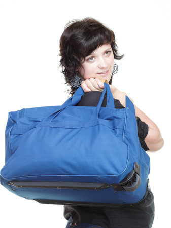 woman in black and blue shoulder bag isolated on whiteの写真素材
