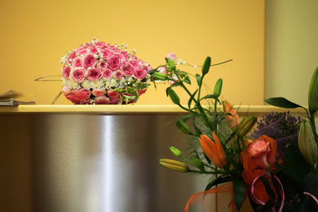 wedding bunch on the table yellow backgroundの写真素材