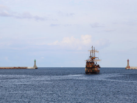 old ship  lighthouse lamp post breakwater wharf, quay - Gdynia, Poland port detailの写真素材