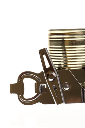 Tin opener opening a can of food isolated on white 