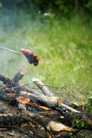 Flames grilling a steak on the BBQ bonfire, campfire summerの写真素材