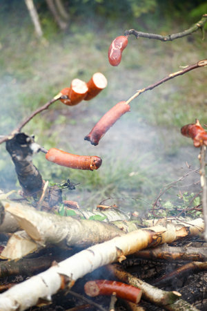 Flames grilling a steak on the BBQ bonfire, campfire summerの写真素材