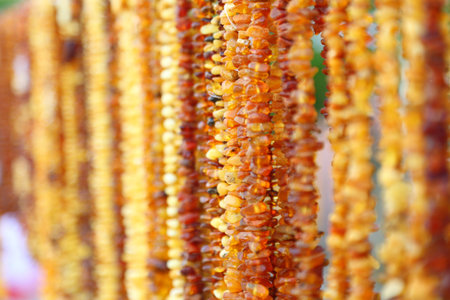 Amber necklace background texture outdoorの写真素材