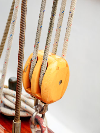 Ship rigging rope on old yacht vintageの写真素材