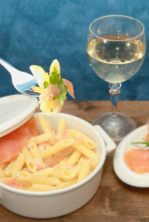 pasta wih smoked salmonの写真素材