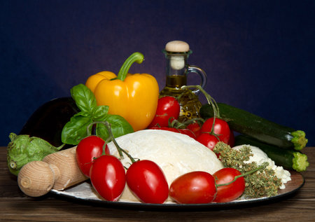 ingredients for homemade pizza  with vegetablesの写真素材