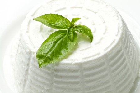 fresh ricotta with basil leafの写真素材