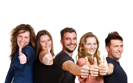 Happy group of friends isolated over whiteの写真素材