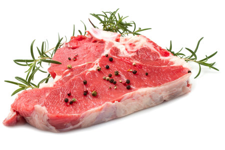 raw T-bone with rosemary on white backgroundの写真素材