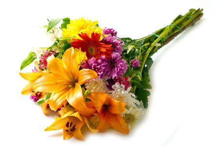 beautiful bouquet of bright flowers  isolated on whiteの写真素材