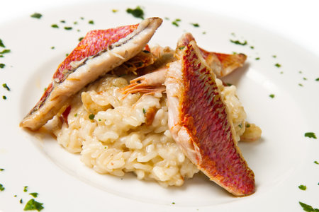 white dish with rice and red mullet filletの写真素材
