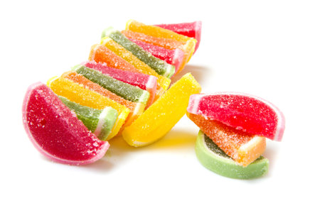 Color fruit jelly candies isolated on white background の写真素材