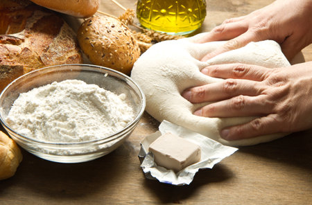 female hands in flour closeup kneading dough on table の写真素材