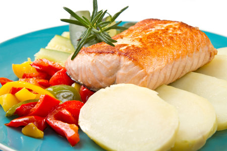 Grilled salmon and vegetables の写真素材