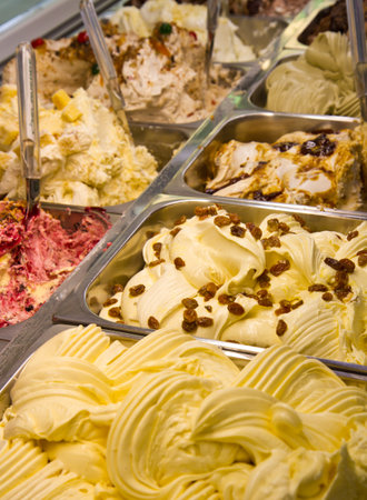 Mixed trays of ice cream in ice-cream shopの写真素材