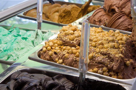 Mixed trays of ice cream in ice-cream shopの写真素材