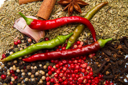 Powder spices  in white table backgroundの写真素材