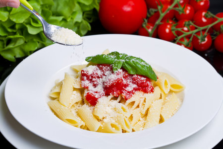 Pasta with tomato sauce and basil の写真素材