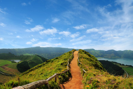 Walking path leading to a view on the lakes of Sete Cidades, Azores, Portugalの写真素材