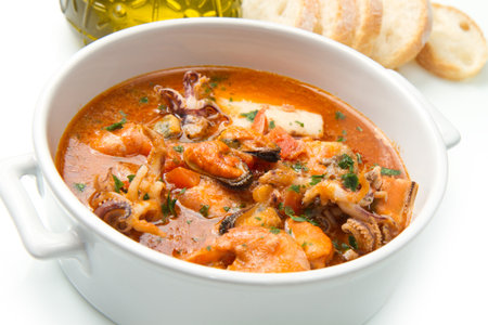 Bowl of fresh seafood soupの写真素材