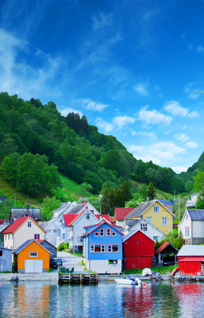 colored village in Norwegian fjord