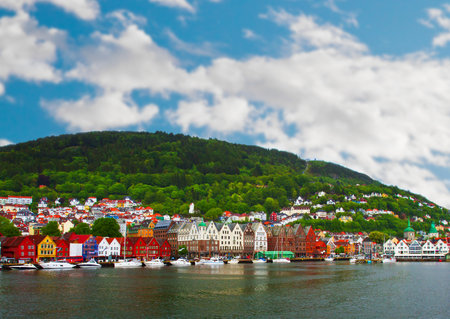 Village and Sea view on mountains in Geiranger fjord, Norwayのeditorial素材