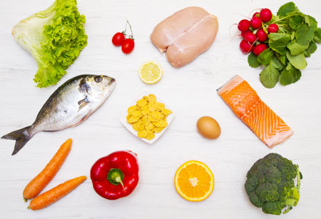 diet food on wood backgroundの写真素材