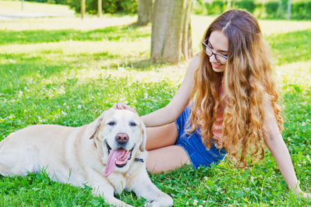 Girl playing with her labrador retriever dog in the parkの写真素材