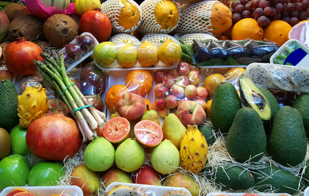 Various fruits on spanish market counterの写真素材