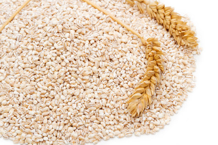 Spelt heap and ear isolated on white backgroundの写真素材