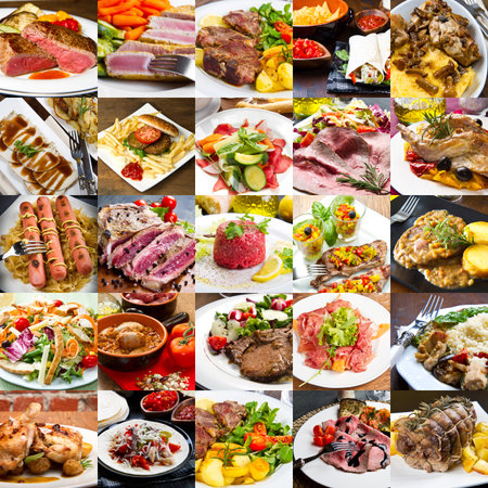 photo collage of meat dishes of international cuisineの写真素材