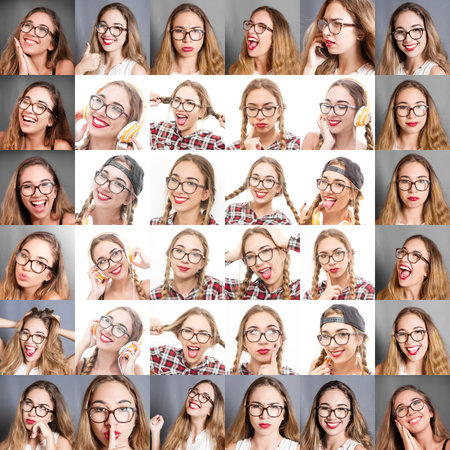 collage of woman with different expressions and moodsの写真素材