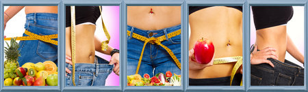 collage of diet concept: a slim girl measuring her weight の写真素材