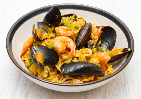 dish with paella  and seafoodの写真素材