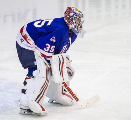 MILAN, ITALY - May 2:Jimmy Howard Goalie of USA TEam during a friendly game between Italy Hockey Team and USA Hockey Team in Agora Arena on May 2, 2017, in Milanのeditorial素材