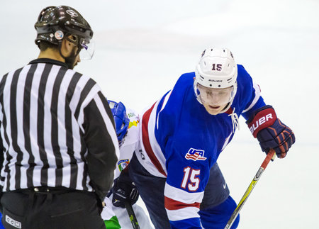 MILAN, ITALY - May 2:Jack Eichel of USA TEamduring a friendly game between Italy Hockey Team and USA Hockey Team in Agora Arena on May 2, 2017, in Milanのeditorial素材