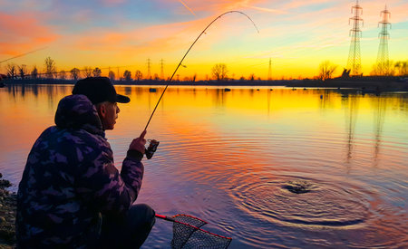 fisherman who caught a fish at a pond at sunsetの写真素材