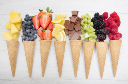 cone waffle with fresh fruit and chocolate, homemade ice cream making