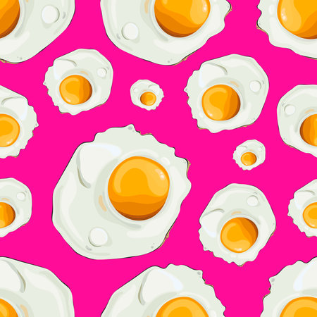 Seamless pattern of fried eggs on a plastic pink background. Hand drawn seamless print of food. Good for design of restaurant menu, kitchen interior, meal wrapping, cooking books etc.のイラスト素材