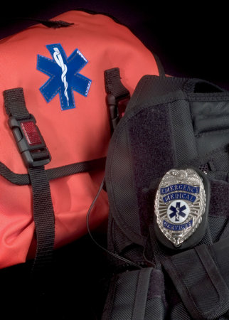 EMT medical bag with Life Star , tactical vest and EMS shield badgeの写真素材