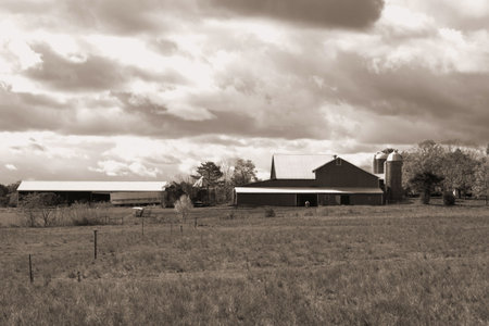 Sky over farm in Pennsylvania. B&W sepiaの写真素材