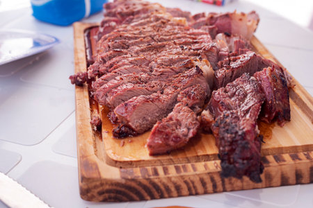 Freshly cut grilled beef steakの写真素材