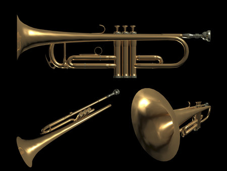 3d. old brass trumpet - cornet - render on a black backgroundの写真素材