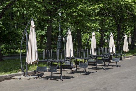 empty cafe in the summer park in Moscowの写真素材