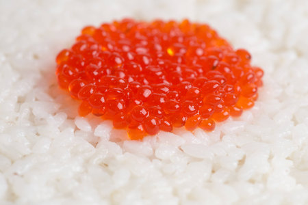 red caviar on white rice. flag - a symbol of Japanese cuisineの写真素材