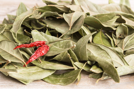 Red hot pepper and dry bay leaf scattered on the wooden tableの写真素材