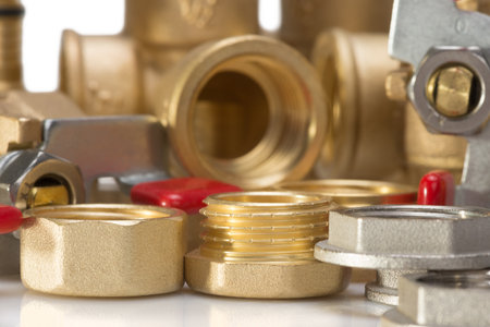 brass fittings for plumbing pipe thread isolated on white backgroundの写真素材