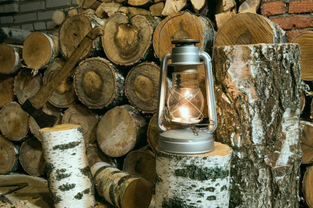 oil lamp, an ax and birch firewood stacked in a barnの写真素材
