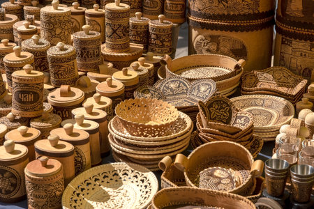 Household products from birch bark - Russian folk craftsの写真素材