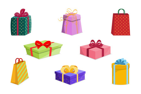 Collection of gift boxes with bows and ribbons. Vector illustration.のイラスト素材